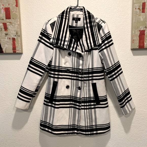 BCX, pea coat, black and white, faux leather, lightly used - Picture 1 of 7